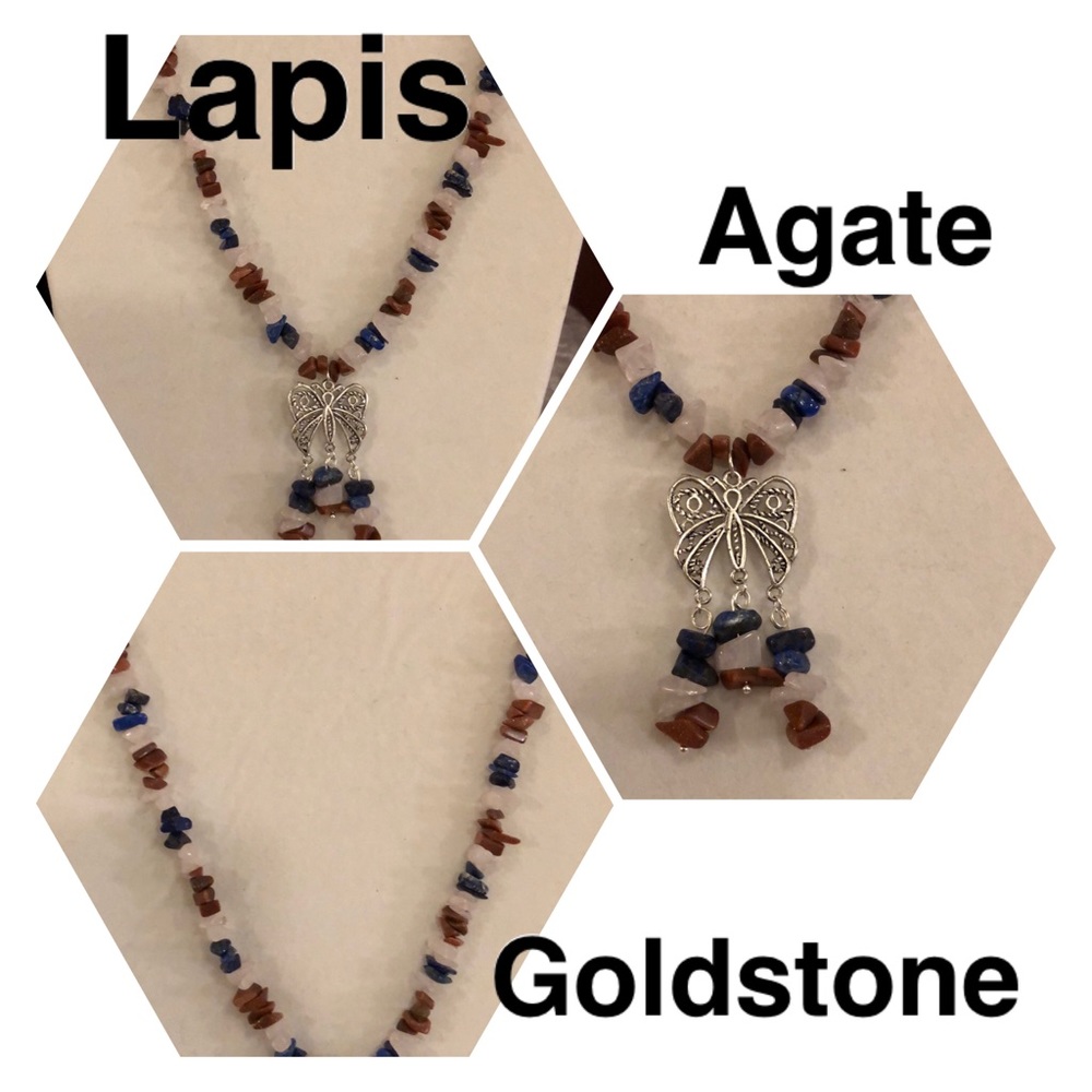 Lapis, brown goldstone & agate butterfly necklace